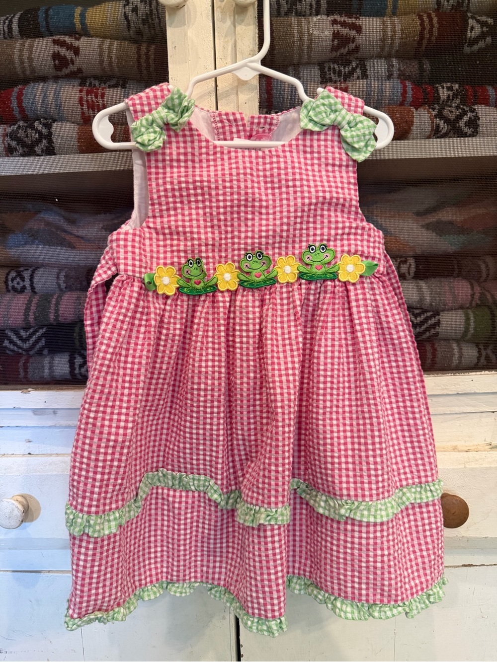 Pink Gingham Girls Dress with Green Frog Appliques